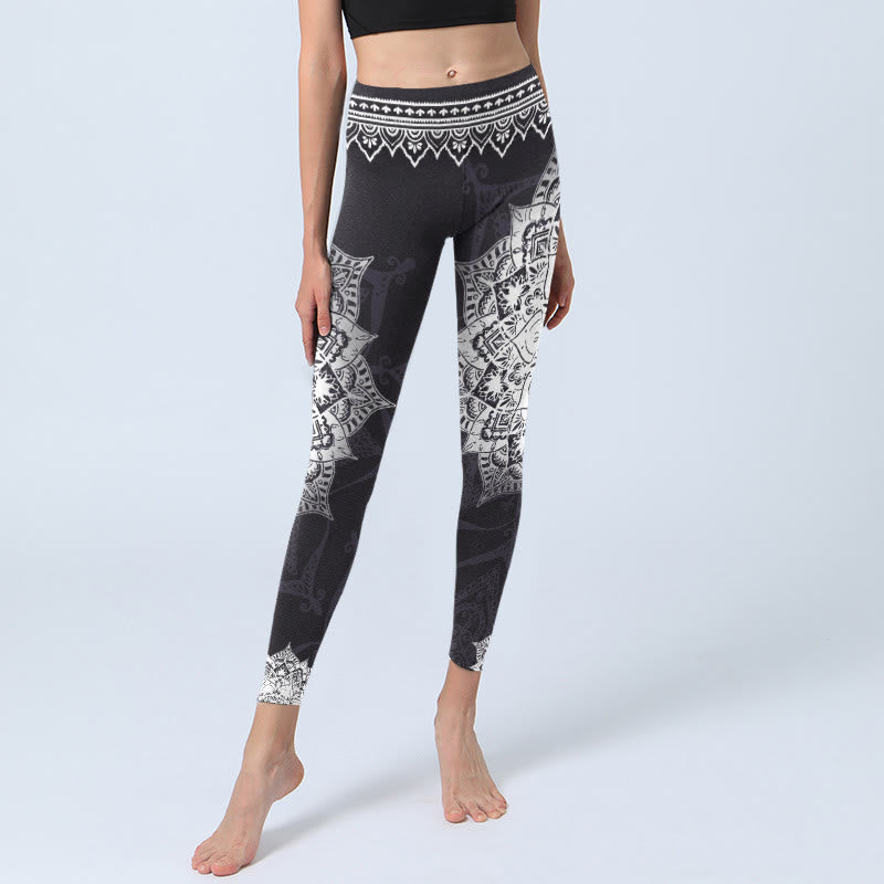 Nimara Ritual Black Mandala Flowers Print Exercise Leggings Women's Yoga Pants