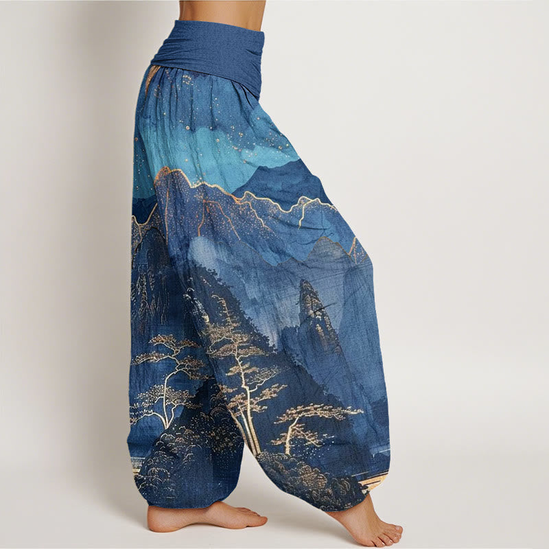 Nimara Ritual Cotton Casual Full Moon Mountains Trees River Pattern Women's Elastic Waist Harem Pants