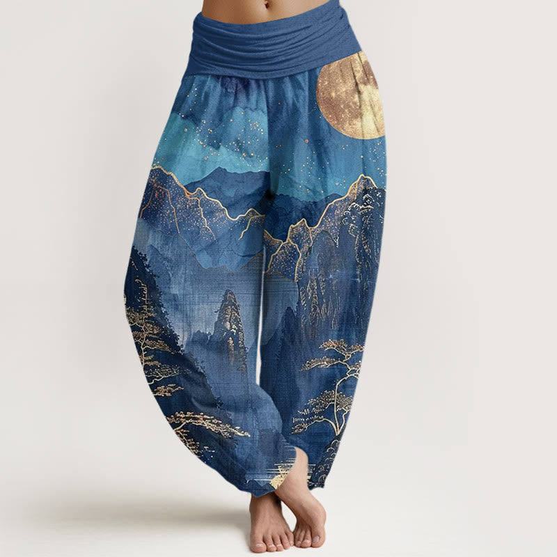 Nimara Ritual Cotton Casual Full Moon Mountains Trees River Pattern Women's Elastic Waist Harem Pants