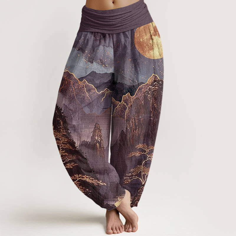 Nimara Ritual Cotton Casual Full Moon Mountains Trees River Pattern Women's Elastic Waist Harem Pants