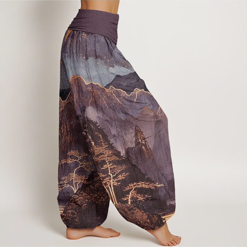 Nimara Ritual Cotton Casual Full Moon Mountains Trees River Pattern Women's Elastic Waist Harem Pants