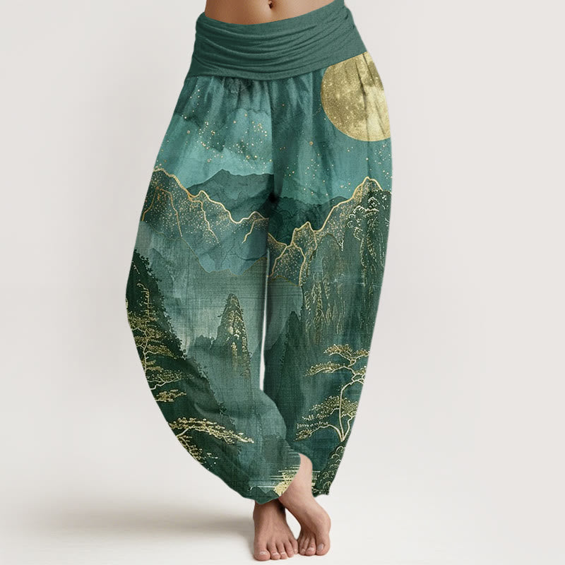 Nimara Ritual Cotton Casual Full Moon Mountains Trees River Pattern Women's Elastic Waist Harem Pants