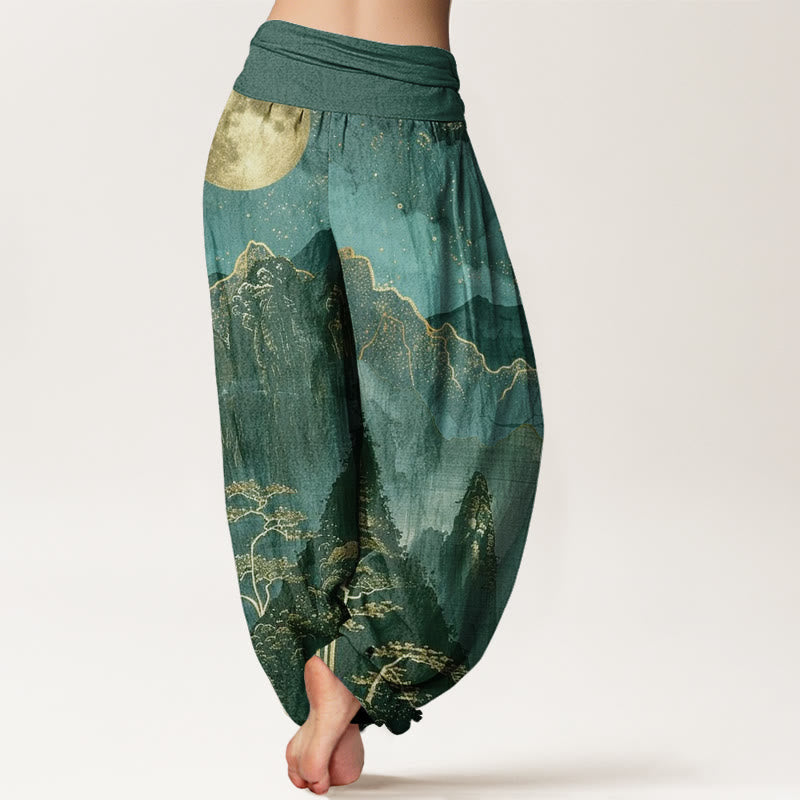 Nimara Ritual Cotton Casual Full Moon Mountains Trees River Pattern Women's Elastic Waist Harem Pants