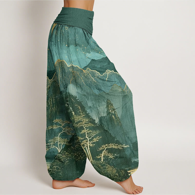 Nimara Ritual Cotton Casual Full Moon Mountains Trees River Pattern Women's Elastic Waist Harem Pants