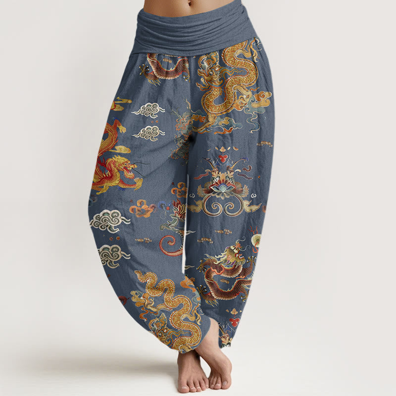 Nimara Ritual Cotton Golden Dragons Auspicious Clouds Design Women's Elastic Waist Harem Pants