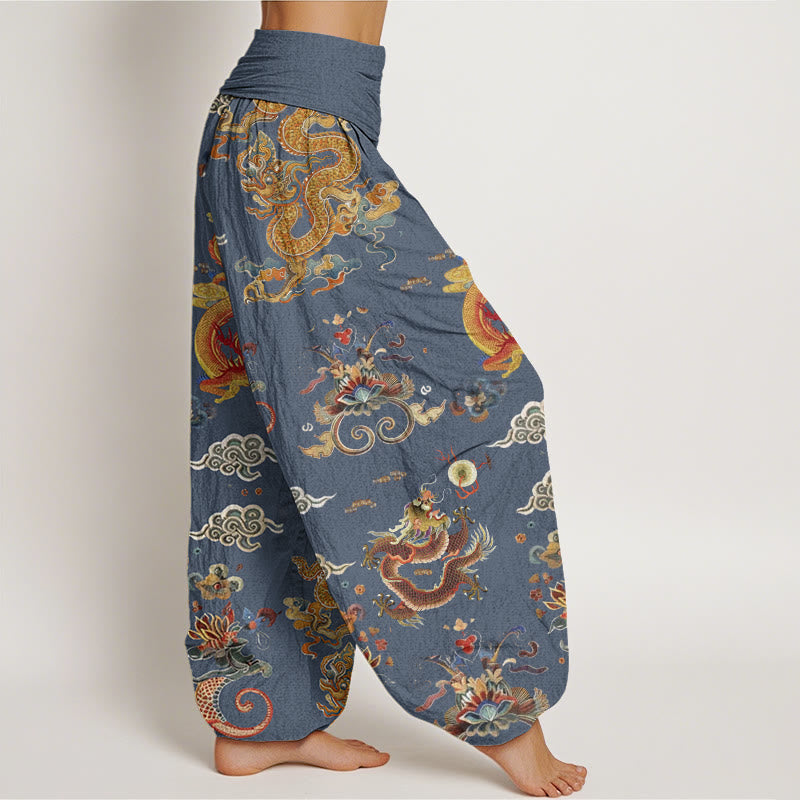 Nimara Ritual Cotton Golden Dragons Auspicious Clouds Design Women's Elastic Waist Harem Pants