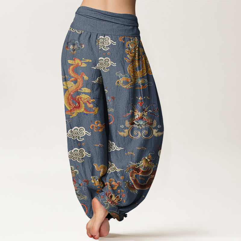 Nimara Ritual Cotton Golden Dragons Auspicious Clouds Design Women's Elastic Waist Harem Pants