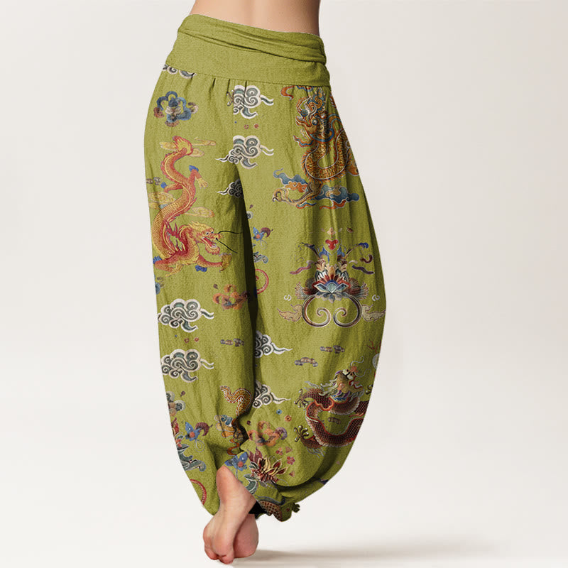 Nimara Ritual Cotton Golden Dragons Auspicious Clouds Design Women's Elastic Waist Harem Pants