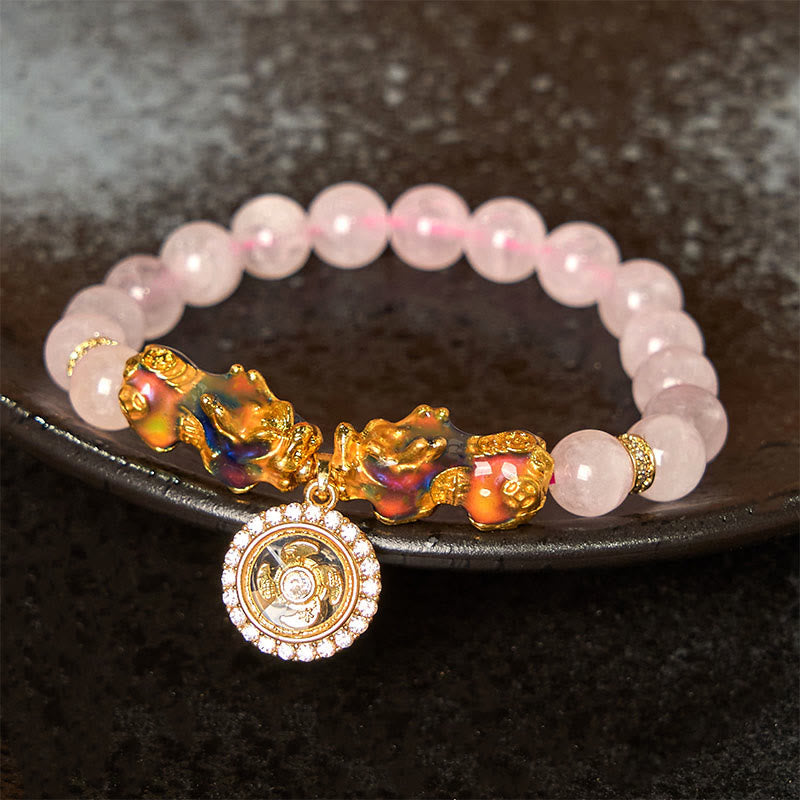 Nimara Ritual Pink Crystal Color Change Double PiXiu Cyclone Charm Warmth Bracelet