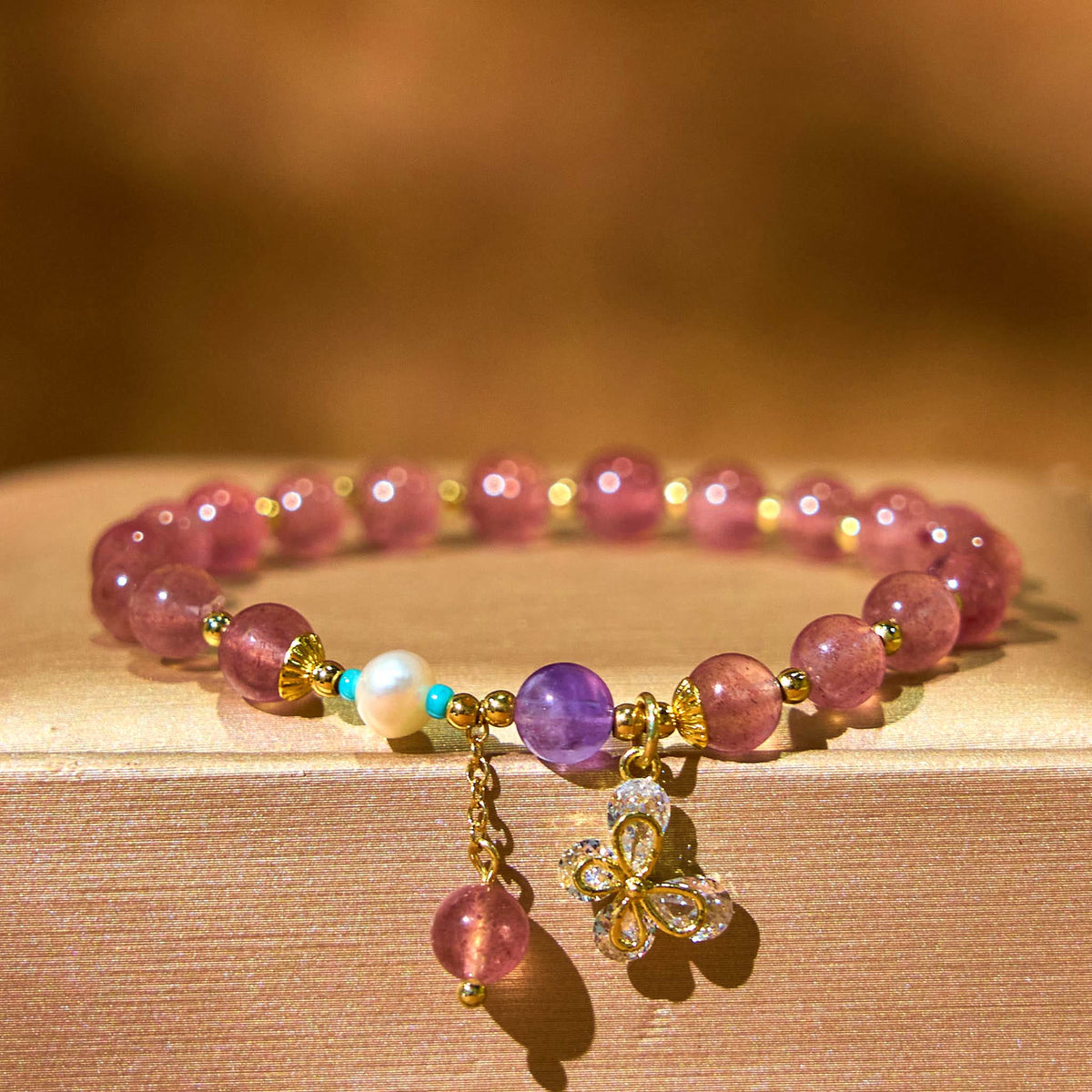 Nimara Ritual Natural Strawberry Quartz Green Strawberry Quartz Butterfly Charm Love Bracelet