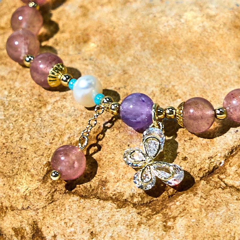Nimara Ritual Natural Strawberry Quartz Green Strawberry Quartz Butterfly Charm Love Bracelet