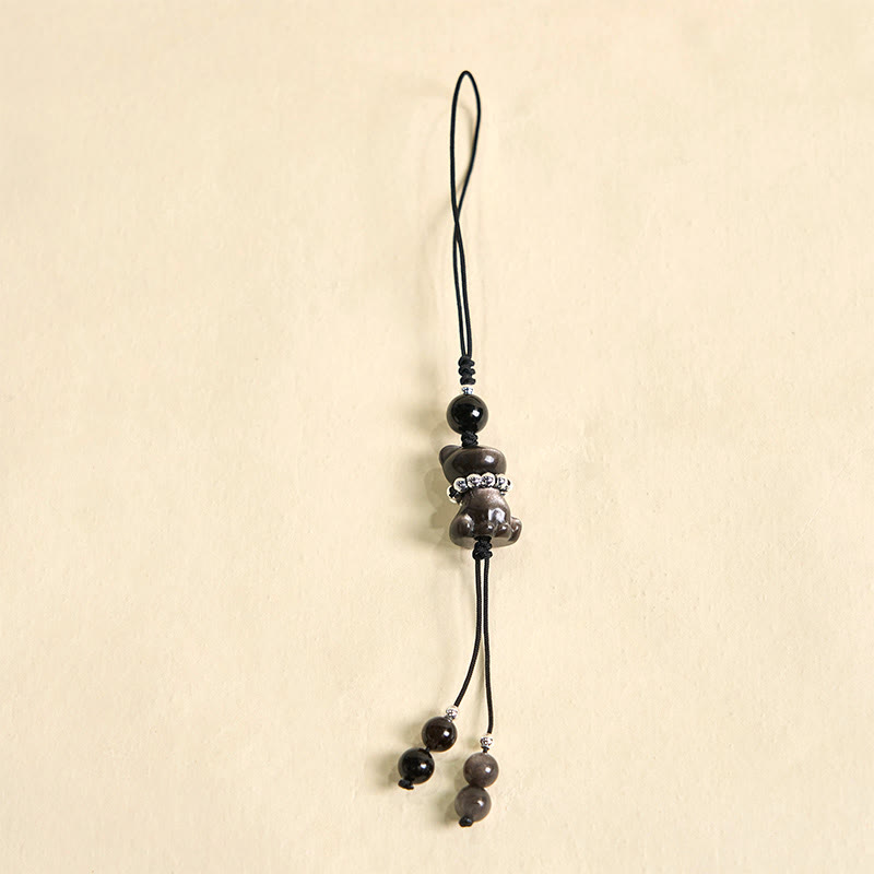 Nimara Ritual Natural Silver Sheen Obsidian Noble Kitten Cat Soothing Phone Hanging Decoration
