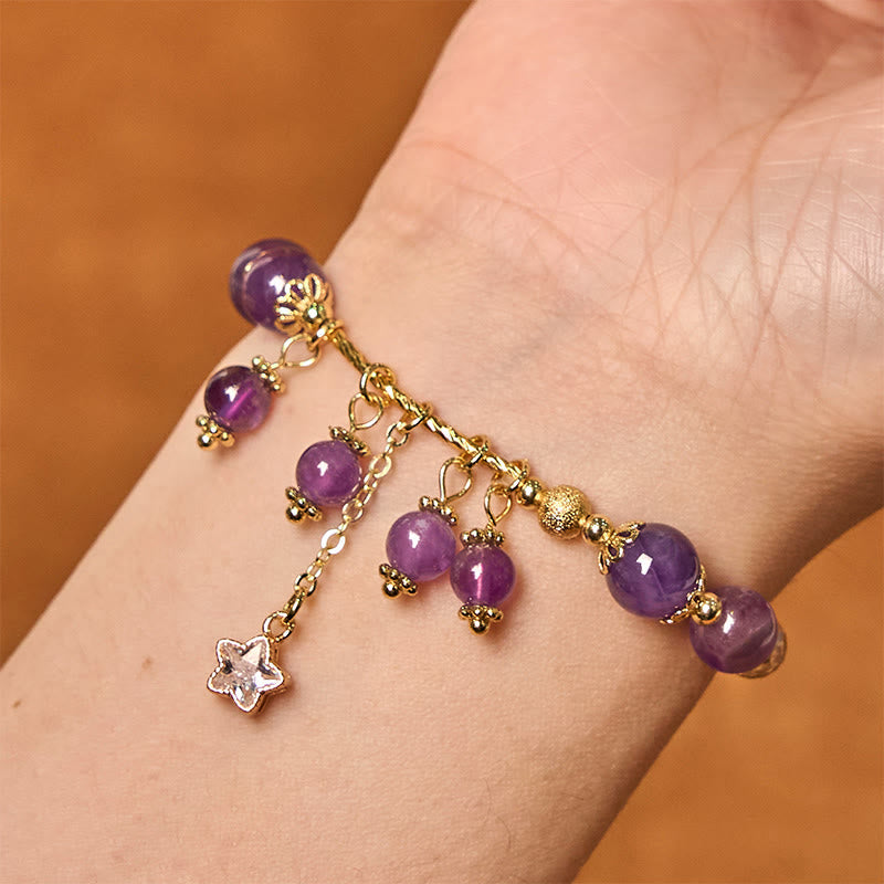 Nimara Ritual Natural Amethyst Four Leaf Clover Star Peace Bracelet