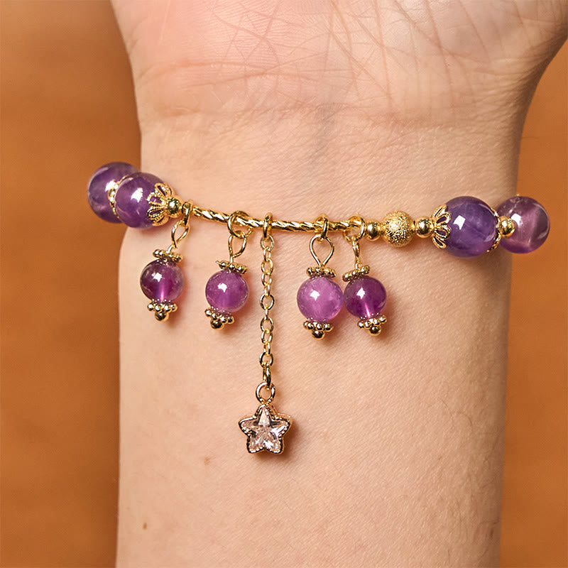Nimara Ritual Natural Amethyst Four Leaf Clover Star Peace Bracelet