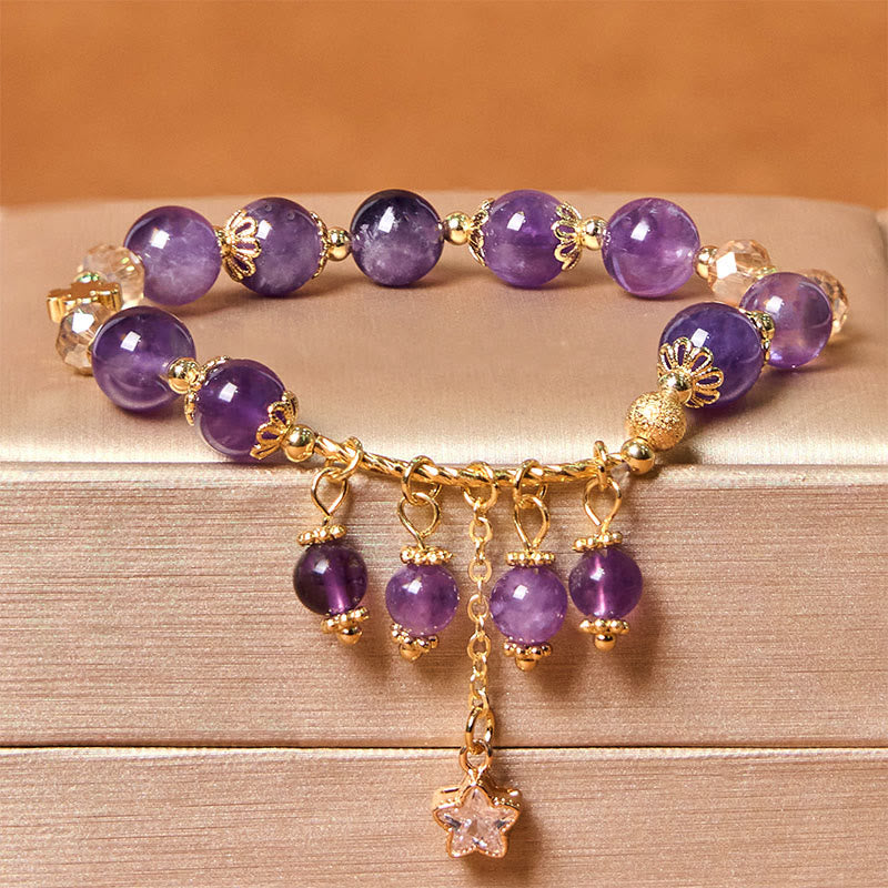 Nimara Ritual Natural Amethyst Four Leaf Clover Star Peace Bracelet