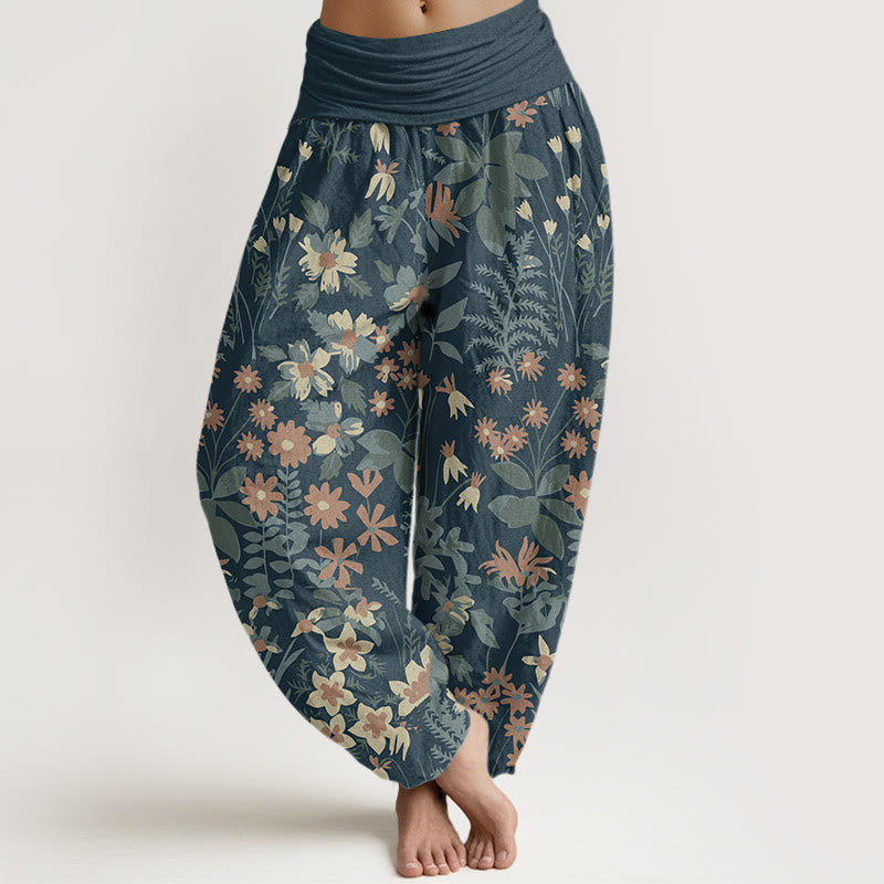 Nimara Ritual Cotton Casual Daisy Flowers Leaves Design Women's Elastic Waist Harem Pants