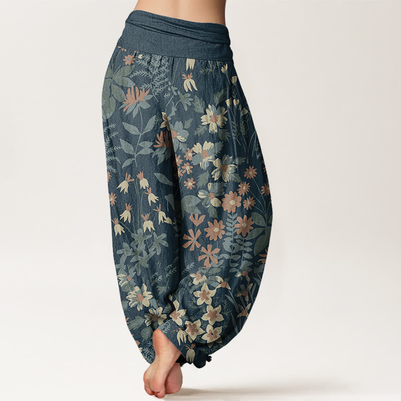 Nimara Ritual Cotton Casual Daisy Flowers Leaves Design Women's Elastic Waist Harem Pants