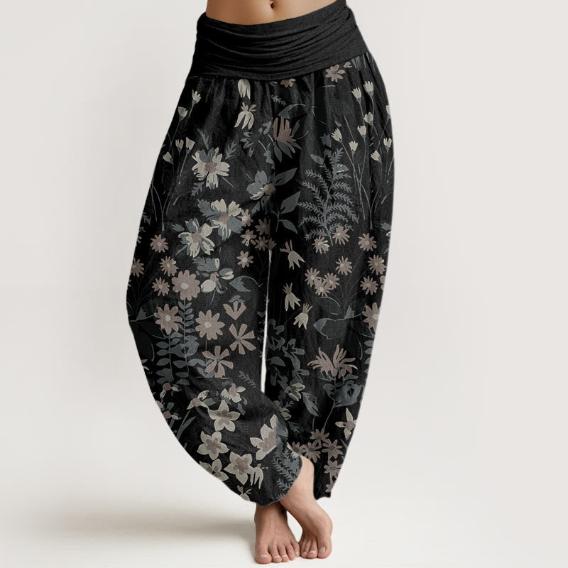 Nimara Ritual Cotton Casual Daisy Flowers Leaves Design Women's Elastic Waist Harem Pants