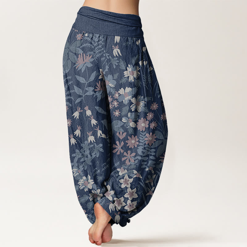 Nimara Ritual Cotton Casual Daisy Flowers Leaves Design Women's Elastic Waist Harem Pants
