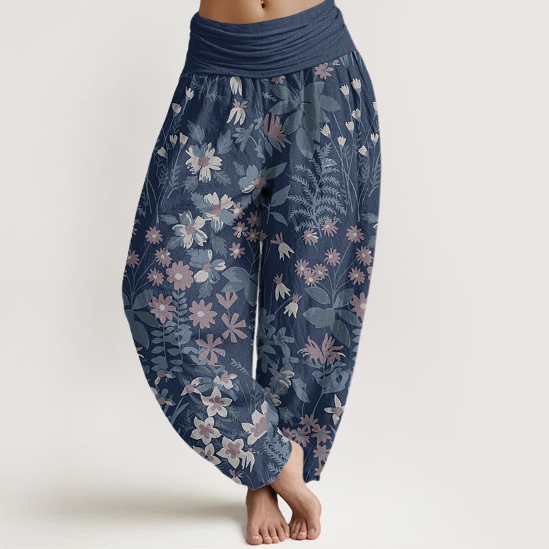 Nimara Ritual Cotton Casual Daisy Flowers Leaves Design Women's Elastic Waist Harem Pants