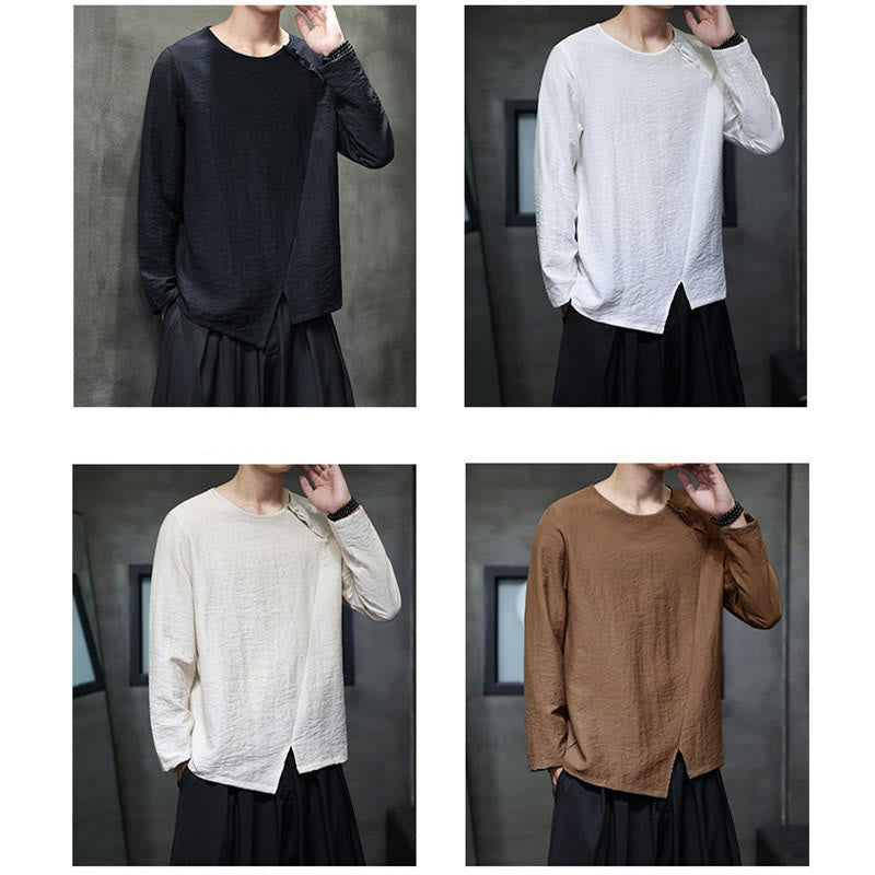Nimara Ritual Solid Color Loose Long Sleeve Round Neck Men's Shirts