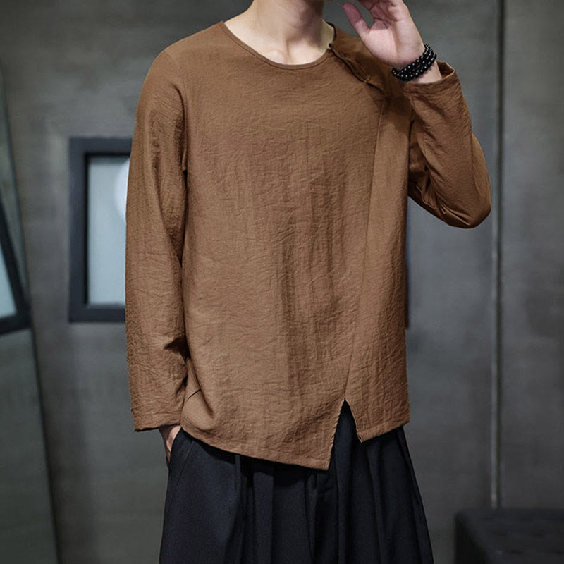 Nimara Ritual Solid Color Loose Long Sleeve Round Neck Men's Shirts