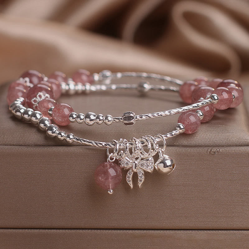 Nimara Ritual Natural Strawberry Quartz Bow-knot Rosette Charm Healing Double Wrap Bracelet