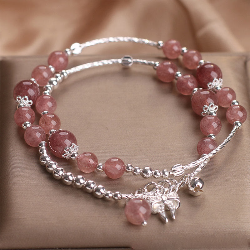 Nimara Ritual Natural Strawberry Quartz Bow-knot Rosette Charm Healing Double Wrap Bracelet