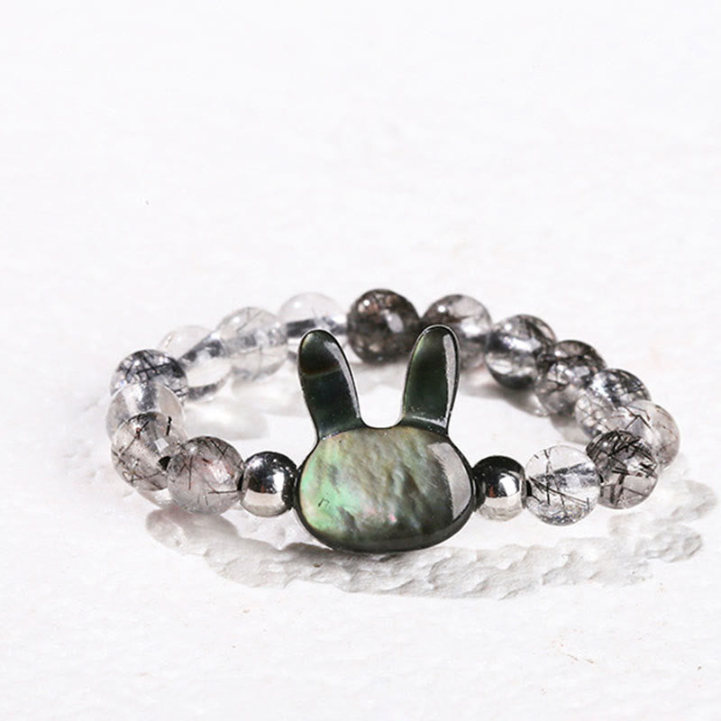 Nimara Ritual 3mm Black Rutilated Quartz Tridacna Stone Rabbit Cat Ring