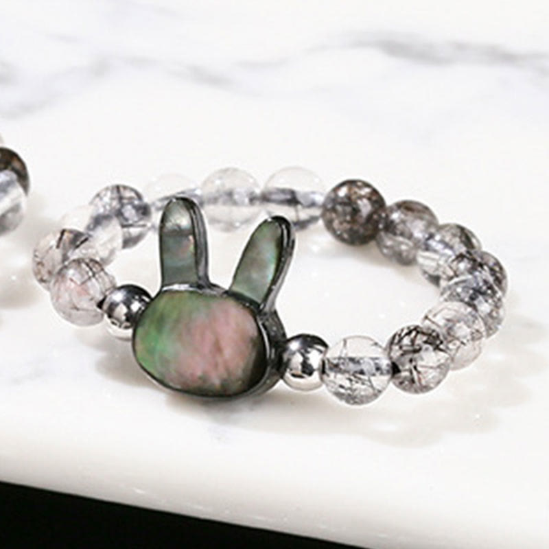 Nimara Ritual 3mm Black Rutilated Quartz Tridacna Stone Rabbit Cat Ring
