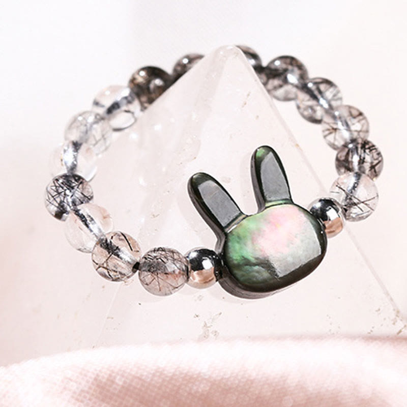 Nimara Ritual 3mm Black Rutilated Quartz Tridacna Stone Rabbit Cat Ring