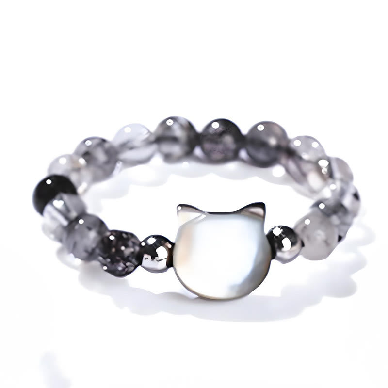 Nimara Ritual 3mm Black Rutilated Quartz Tridacna Stone Rabbit Cat Ring