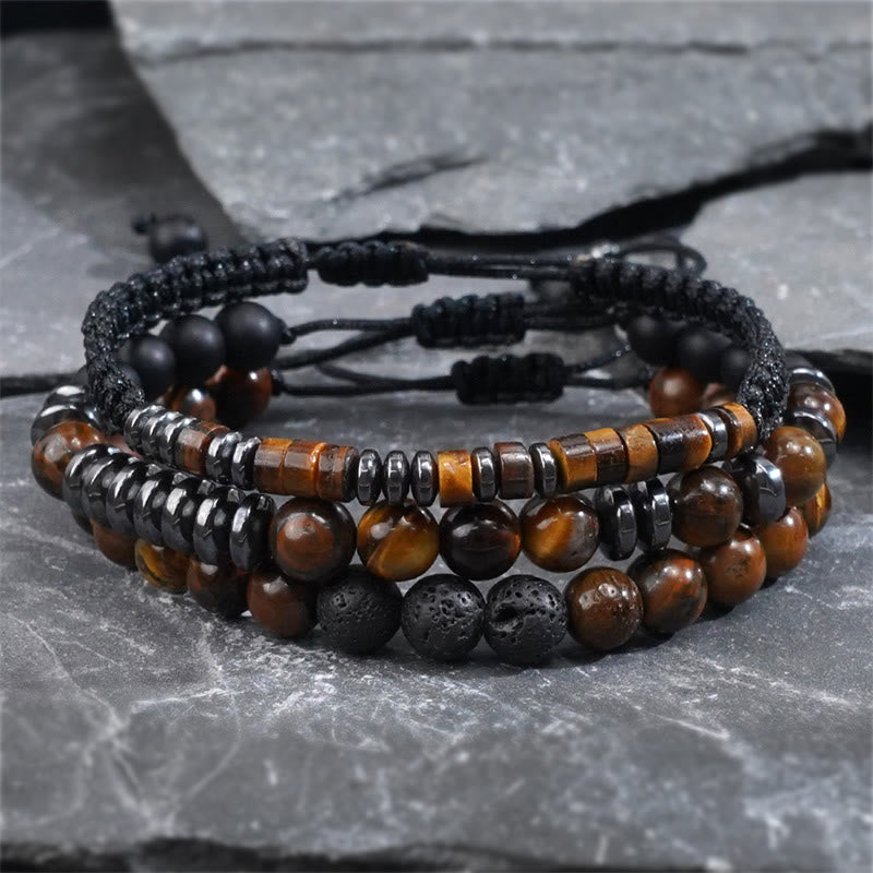 Nimara Ritual 3Pcs Tiger Eye Lava Rock Protection Bracelet Set