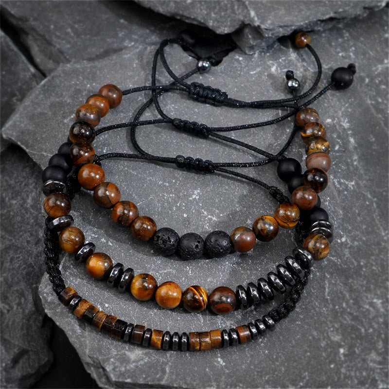 Nimara Ritual 3Pcs Tiger Eye Lava Rock Protection Bracelet Set