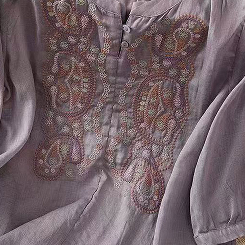 Nimara Ritual Casual Loose Embroidery Frog Button Half Sleeve Crew Neck Cotton Women's Shirt