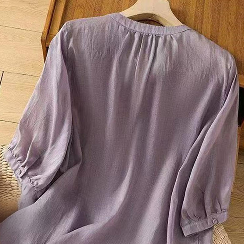 Nimara Ritual Casual Loose Embroidery Frog Button Half Sleeve Crew Neck Cotton Women's Shirt