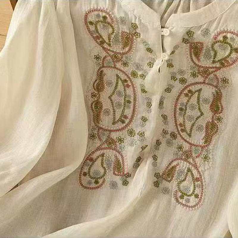 Nimara Ritual Casual Loose Embroidery Frog Button Half Sleeve Crew Neck Cotton Women's Shirt