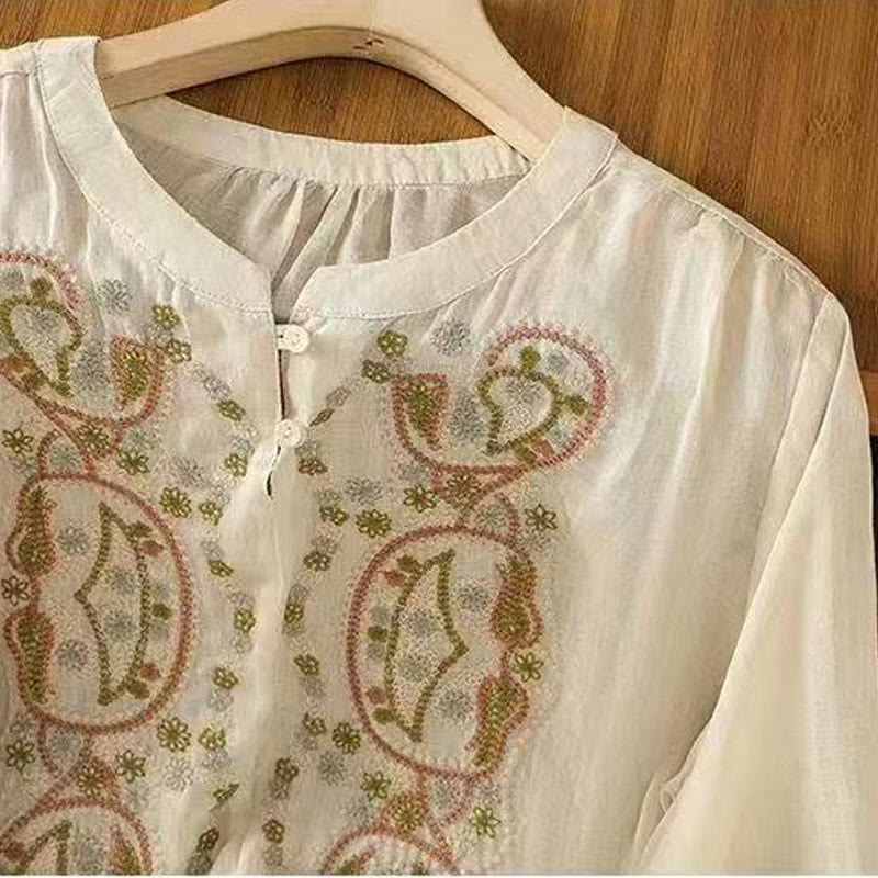 Nimara Ritual Casual Loose Embroidery Frog Button Half Sleeve Crew Neck Cotton Women's Shirt