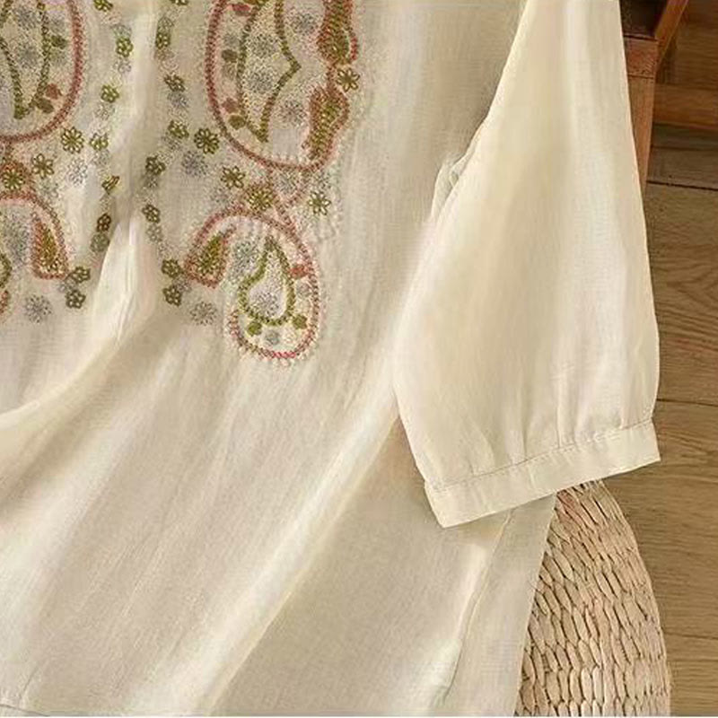 Nimara Ritual Casual Loose Embroidery Frog Button Half Sleeve Crew Neck Cotton Women's Shirt