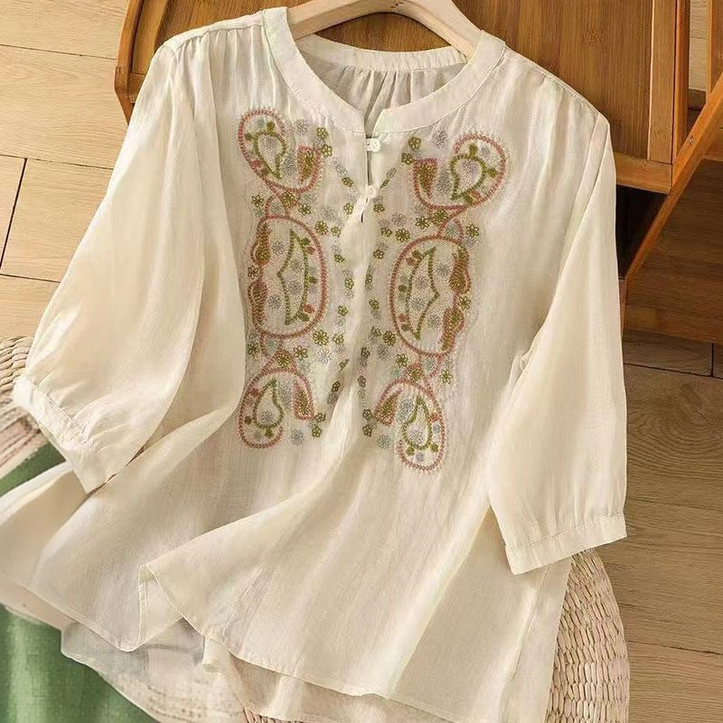 Nimara Ritual Casual Loose Embroidery Frog Button Half Sleeve Crew Neck Cotton Women's Shirt