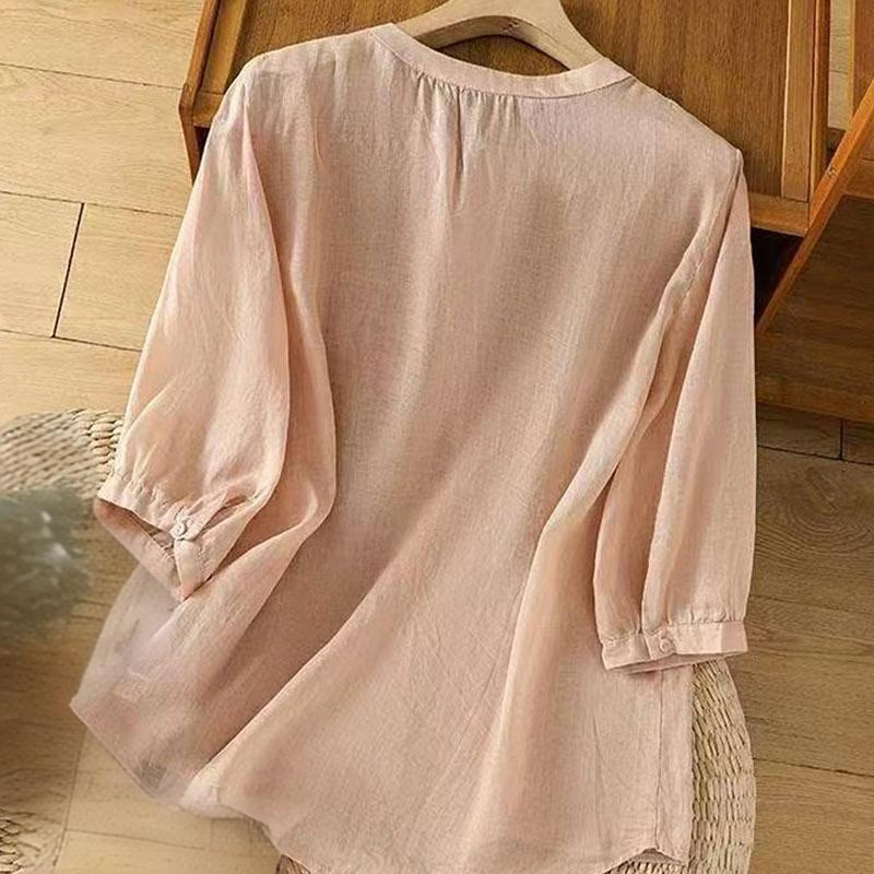 Nimara Ritual Casual Loose Embroidery Frog Button Half Sleeve Crew Neck Cotton Women's Shirt