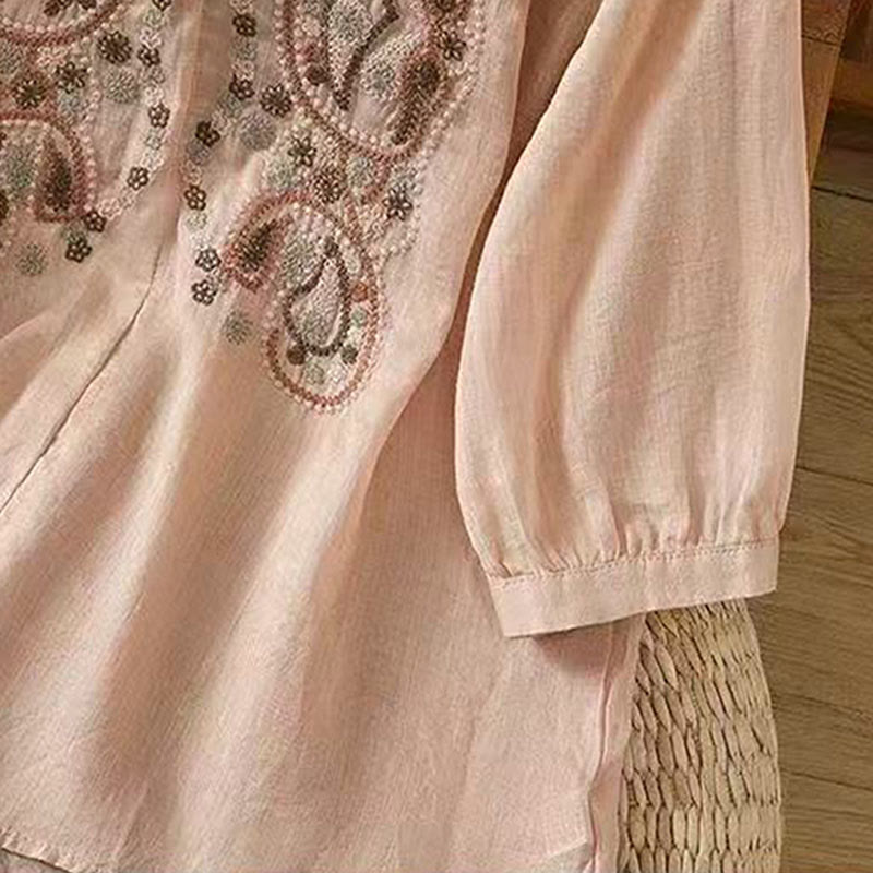 Nimara Ritual Casual Loose Embroidery Frog Button Half Sleeve Crew Neck Cotton Women's Shirt