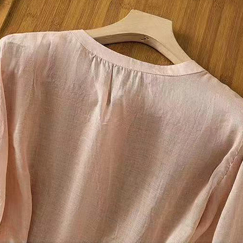 Nimara Ritual Casual Loose Embroidery Frog Button Half Sleeve Crew Neck Cotton Women's Shirt
