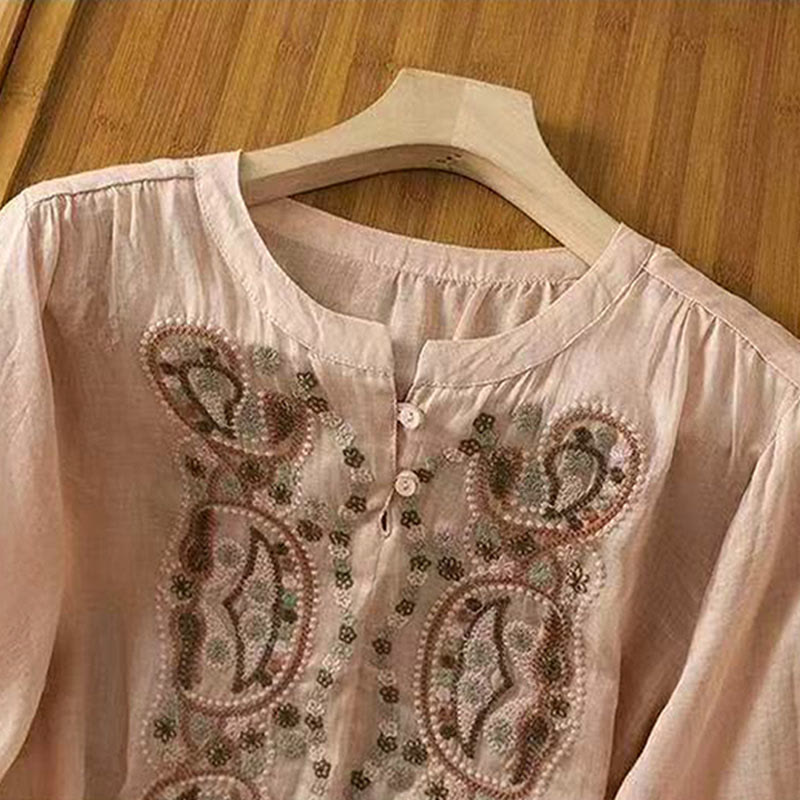 Nimara Ritual Casual Loose Embroidery Frog Button Half Sleeve Crew Neck Cotton Women's Shirt