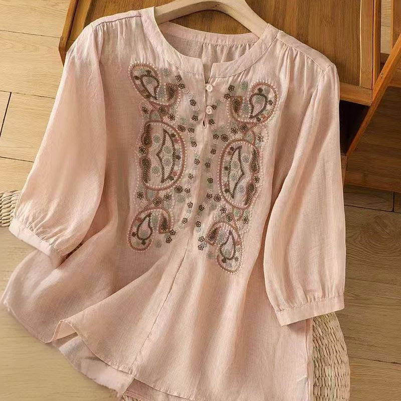 Nimara Ritual Casual Loose Embroidery Frog Button Half Sleeve Crew Neck Cotton Women's Shirt