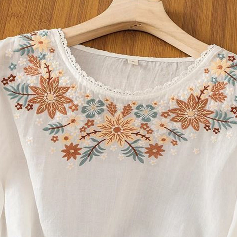 Nimara Ritual Casual Flower Leaf Embroidery Women's Crew Neck Design Three Quarter Sleeve T-shirt