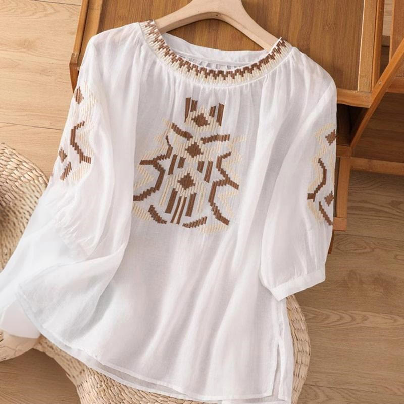 Nimara Ritual Casual Symmetrical Embroidery Women's Crew Neck Design Half Sleeve Spandex T-shirt