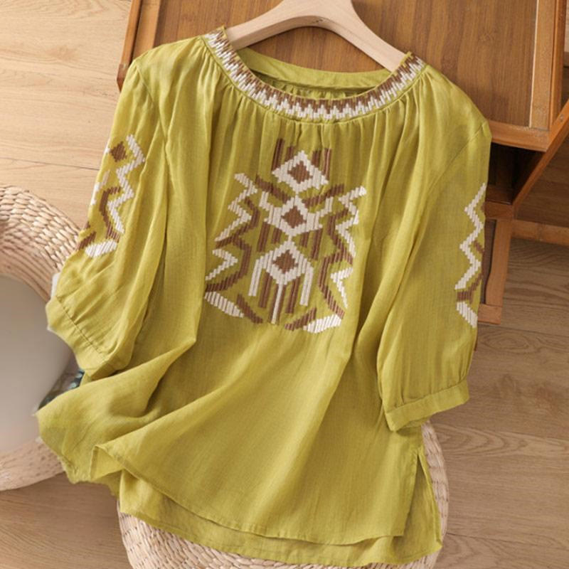 Nimara Ritual Casual Symmetrical Embroidery Women's Crew Neck Design Half Sleeve Spandex T-shirt