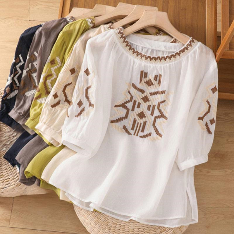 Nimara Ritual Casual Symmetrical Embroidery Women's Crew Neck Design Half Sleeve Spandex T-shirt