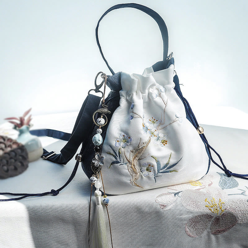 Nimara Ritual Embroidered Magnolia Plum Blossom Cotton Linen Tote Crossbody Bag Shoulder Bag Handbag
